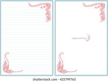 Vector printable letter paper stationery. Doodle style. Sweet seaweeds and flower. Note blank and stickers for diary, notebook, hand writing. Two options: with line and without. Pink, blue, white