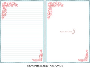 Vector printable letter paper stationery. Doodle style. Sweet seaweeds and flower. Note blank and stickers for diary, notebook, hand writing. Two options: with line and without. Pink, blue, white