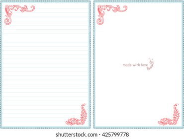 Vector printable letter paper stationery. Doodle style. Sweet seaweeds and flower. Note blank and stickers for diary, notebook, hand writing. Two options: with line and without. Pink, blue, white