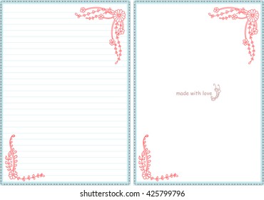 Vector printable letter paper stationery. Doodle style. Sweet seaweeds and flower. Note blank and stickers for diary, notebook, hand writing. Two options: with line and without. Pink, blue, white
