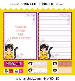 Vector printable letter paper stationery. Flat cartoon style. Kawaii manga anime girl, doodle flower. Note blank and stickers for diary, notebook, hand writing. Two options: with line and without.
