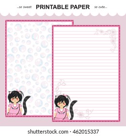 Vector printable letter paper stationery. Flat cartoon style. Kawaii manga anime girl, doodle flower. Note blank for diary, notebook, hand writing. Two options: with line and without. White, pink