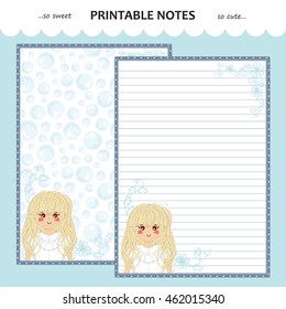 Vector printable letter paper stationery. Flat cartoon style. Kawaii manga anime girl, doodle flower. Note blank for diary, notebook, hand writing. Two options: with line and without. Blue, white