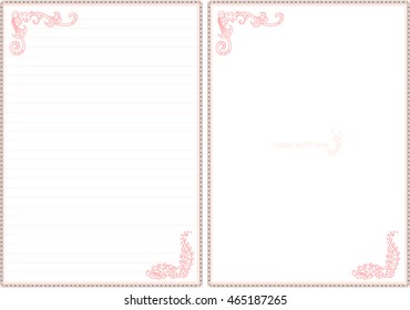 Vector printable letter paper stationery. Doodle style. Sweet seaweeds and flower. Note blank and stickers for diary, notebook, hand writing. Two options: with line and without. Orange, pink