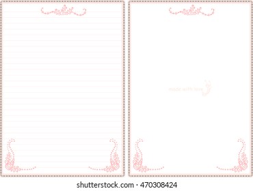 Vector printable letter paper stationery. Doodle style. Sweet seaweeds and flower. Note blank and stickers for diary, notebook, hand writing. Two options: with line and without. Orange, pink