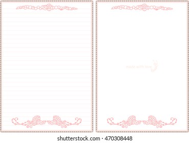 Vector printable letter paper stationery. Doodle style. Sweet seaweeds and flower. Note blank and stickers for diary, notebook, hand writing. Two options: with line and without. Orange, pink