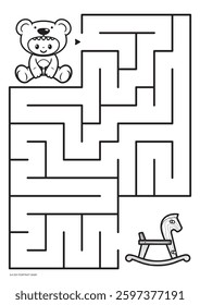 Vector printable maze for a very young child. Format A4. Coloring book educational maze with little baby in teddy bear costume. Size portrait.