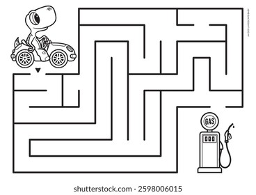 Vector printable maze for a very young child. Format A4. Coloring book educational maze with little dinosaur on car looking for a gas station. Landscape size.