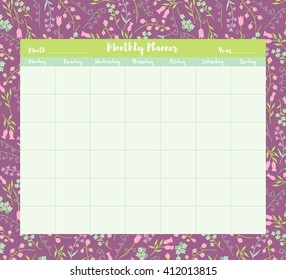 Vector printable monthly planner template on floral background 