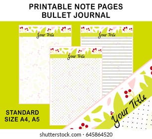 Vector printable note pages for diary, planners, bullet journal, diary, notebook, letters, workbook. Three options, lined, dot, clean page, A4 size. Lovely rowan art, green, pink and red color