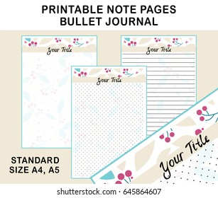 Vector printable note pages for diary, planners, bullet journal, diary, notebook, letters, workbook. Three options, lined, dot, clean page, A4 size. Lovely rowan art, blue, pink and beige color