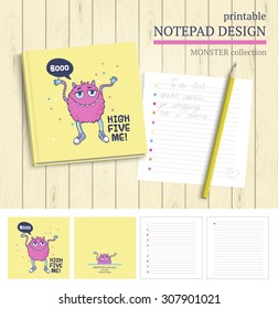 Vector printable notepad design cover and papers with cartoon monsters.