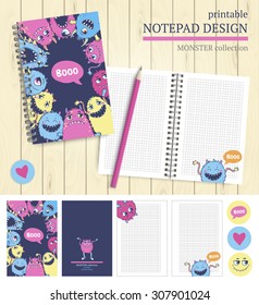 Vector printable notepad design cover and papers with cartoon monsters.