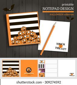 Vector printable notepad design cover and papers with halloween illustrations.