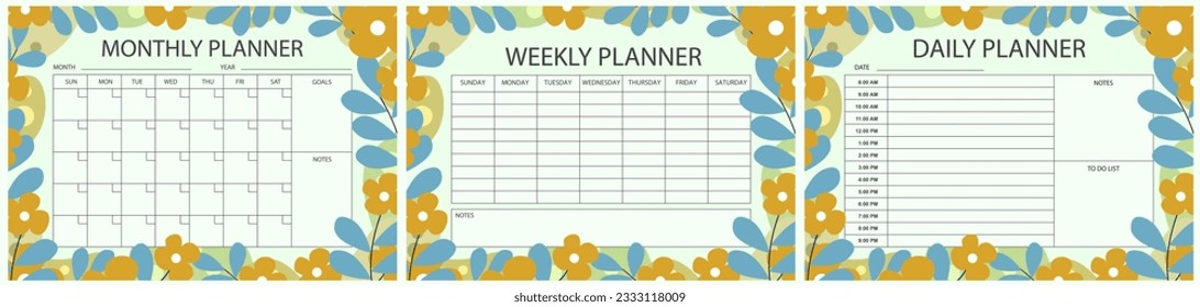 Vector printable planner template set. Set of  Monthly, weekly, daily planner template with notes, goals and to do list. Weekly Overview, Schedule, Agenda, Journal, Organizer, Vector illustration