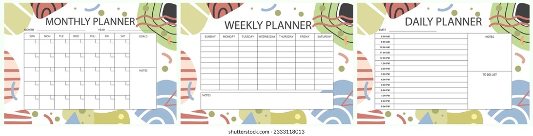 Vector printable planner template set. Set of  Monthly, weekly, daily planner template with notes, goals and to do list. Weekly Overview, Schedule, Agenda, Journal, Organizer, Vector illustration