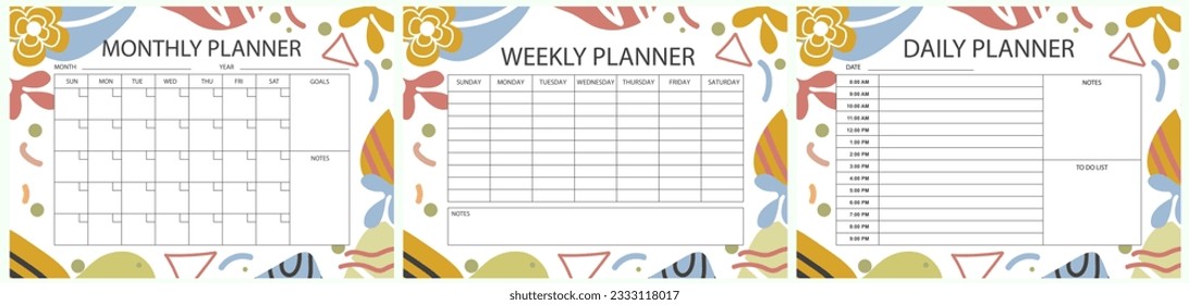 Vector printable planner template set. Set of  Monthly, weekly, daily planner template with notes, goals and to do list. Weekly Overview, Schedule, Agenda, Journal, Organizer, Vector illustration