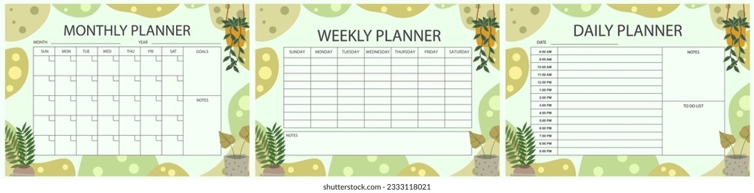 Conjunto de plantillas de planificador para vectores imprimibles. Conjunto de planner mensual, semanal, diario con notas, objetivos y lista de tareas pendientes. Información general semanal, programa, agenda, diario, organizador, ilustración vectorial