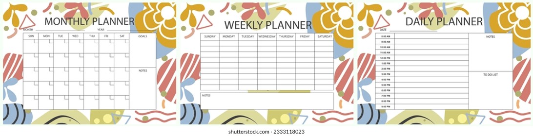 Vector printable planner template set. Set of  Monthly, weekly, daily planner template with notes, goals and to do list. Weekly Overview, Schedule, Agenda, Journal, Organizer, Vector illustration