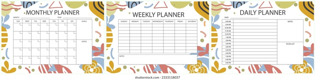 Vector printable planner template set. Set of  Monthly, weekly, daily planner template with notes, goals and to do list. Weekly Overview, Schedule, Agenda, Journal, Organizer, Vector illustration