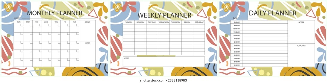 Vector printable planner template set. Set of  Monthly, weekly, daily planner template with notes, goals and to do list. Weekly Overview, Schedule, Agenda, Journal, Organizer, Vector illustration