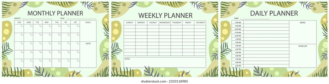 Vector printable planner template set. Set of  Monthly, weekly, daily planner template with notes, goals and to do list. Weekly Overview, Schedule, Agenda, Journal, Organizer, Vector illustration