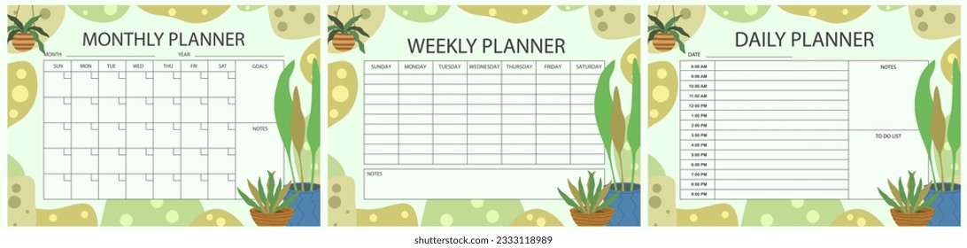 Vector printable planner template set. Set of  Monthly, weekly, daily planner template with notes, goals and to do list. Weekly Overview, Schedule, Agenda, Journal, Organizer, Vector illustration