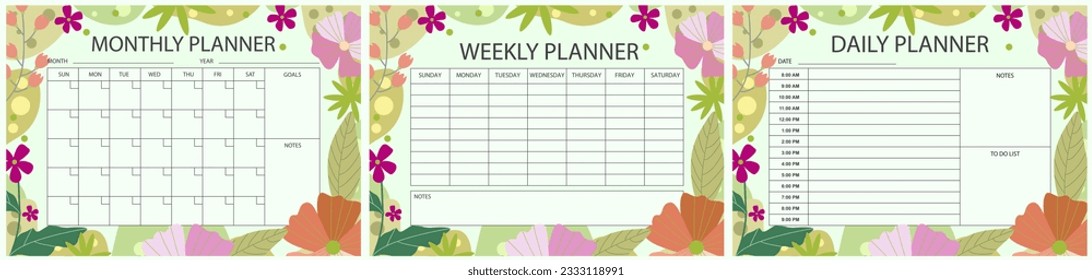 Vector printable planner template set. Set of  Monthly, weekly, daily planner template with notes, goals and to do list. Weekly Overview, Schedule, Agenda, Journal, Organizer, Vector illustration