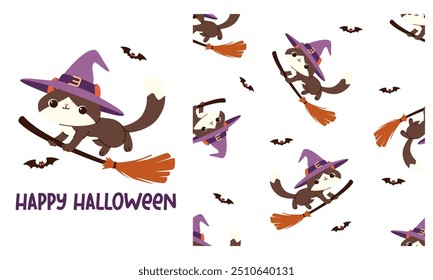 A vector printable set for the Halloween celebration. Cute cat in a witch's hat flying on a broom. Seamless vector pattern 