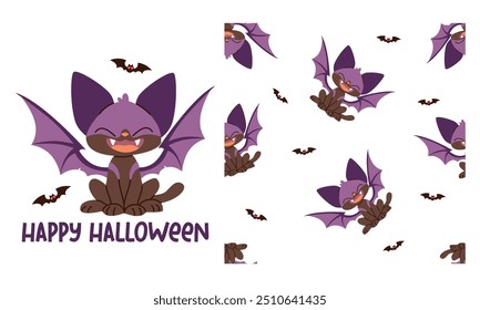 A vector printable set for the Halloween celebration. Cute cat in Bat costume. Seamless vector pattern 
