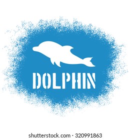 vector printable sprayed illustration with jumping dolphin and label. Can be printed on t-shirts, pillow, poster, mug, bag