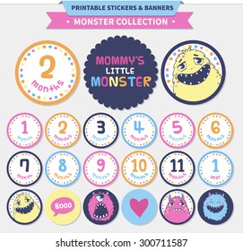 Vector printable stickers and banners for babies. Monster collection.