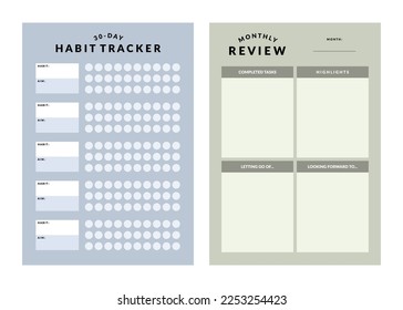 Vector printable template collection, monthly planner, review, reflection, habit tracker for productivity kit, schedule, organizer, business