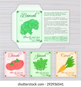 vector printable template of seed packet with image, name and description of vegetables on wooden backdrop. Contains broccoli, tomato, spinach and carrot