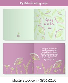 Vector printable template of spring greeting card with florals. Suitable for wedding invitation, birthday, thank you card and different occasions. Spring is in the air