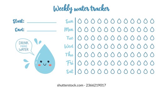 Vector printable weekly water balance tracker. 12 glasses per day calendar. Hydration challenge. Water balance tracker template. Drinking enough water.