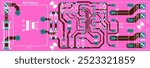 Vector printed circuit board of electronic 
device with components of radio elements, 
conductors and contact pads placed on pcb. 
Engineering technical drawing.
Computer technic cad design.