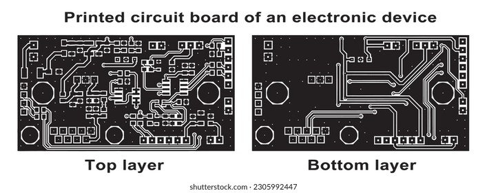 Vector printed circuit board of an electronic device with
components of radio elements, conductors and 
contact pads placed on it. Engineering drawing of a pcb
(top and bottom layer).