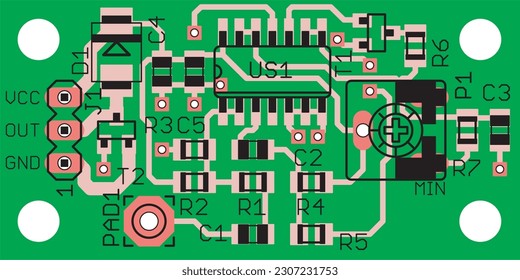 Vector printed circuit board of an electronic 
device with components of radio elements, 
conductors and contact pads placed on it. 
Engineering drawing of a pcb.