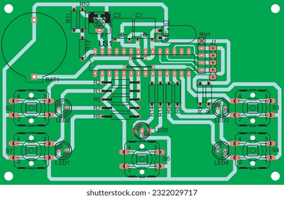 Vector printed circuit board of an electronic 
device with components of radio elements, 
conductors and contact pads placed on it. 
Engineering drawing of a pcb.