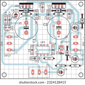 Vector printed circuit board of an electronic 
device with components of radio elements, 
conductors and contact pads placed on it. 
Engineering drawing with grid.