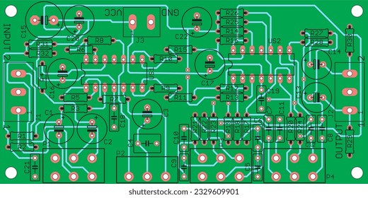 Tarjeta de circuito impreso vectorial de un dispositivo electrónico con componentes de elementos de radio, conductores y almohadillas de contacto colocadas en ella. Dibujo de ingeniería