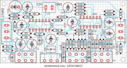 Tarjeta de circuito impreso vectorial de un dispositivo electrónico con componentes de elementos de radio, conductores y almohadillas de contacto colocadas en ella. Dibujo de ingeniería con cuadrícula.