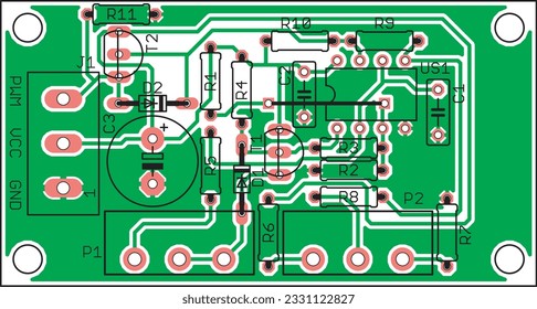 Vector printed circuit board of an electronic device with components of radio elements, conductors and contact pads placed on it. Engineering drawing.