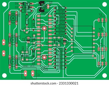 Vector printed circuit board of an electronic 
device with components of radio elements, 
conductors and contact pads placed on it. Engineering drawing