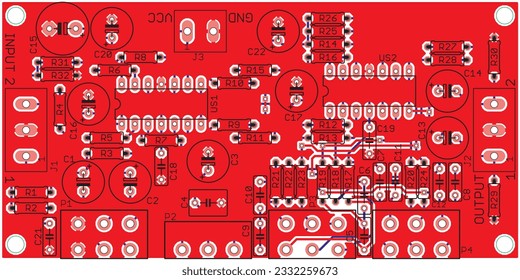 Vector printed circuit board of an electronic device with components of radio elements, conductors and contact pads placed on it. Engineering drawing.