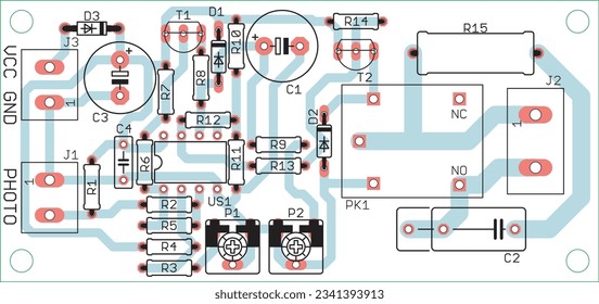 Vector printed circuit board of an electronic device with components of radio elements, conductors and contact pads placed on it. Engineering drawing.