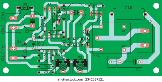 Vektorgedruckte Schalttafel eines elektronischen Gerätes mit Komponenten von Funkelementen, Leitern und Kontaktpads, die darauf angebracht sind. Ingenieurzeichnung.