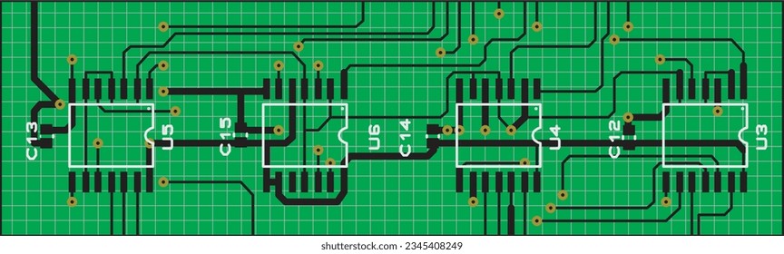 Vector printed circuit board of an electronic 
device with components of radio elements, 
conductors and contact pads placed on it.  Engineering drawing with grid.