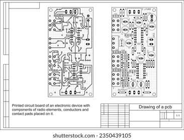 Vector printed circuit board of an electronic 
device with components of radio elements, 
conductors and contact pads placed on it.  Engineering drawing with grid.